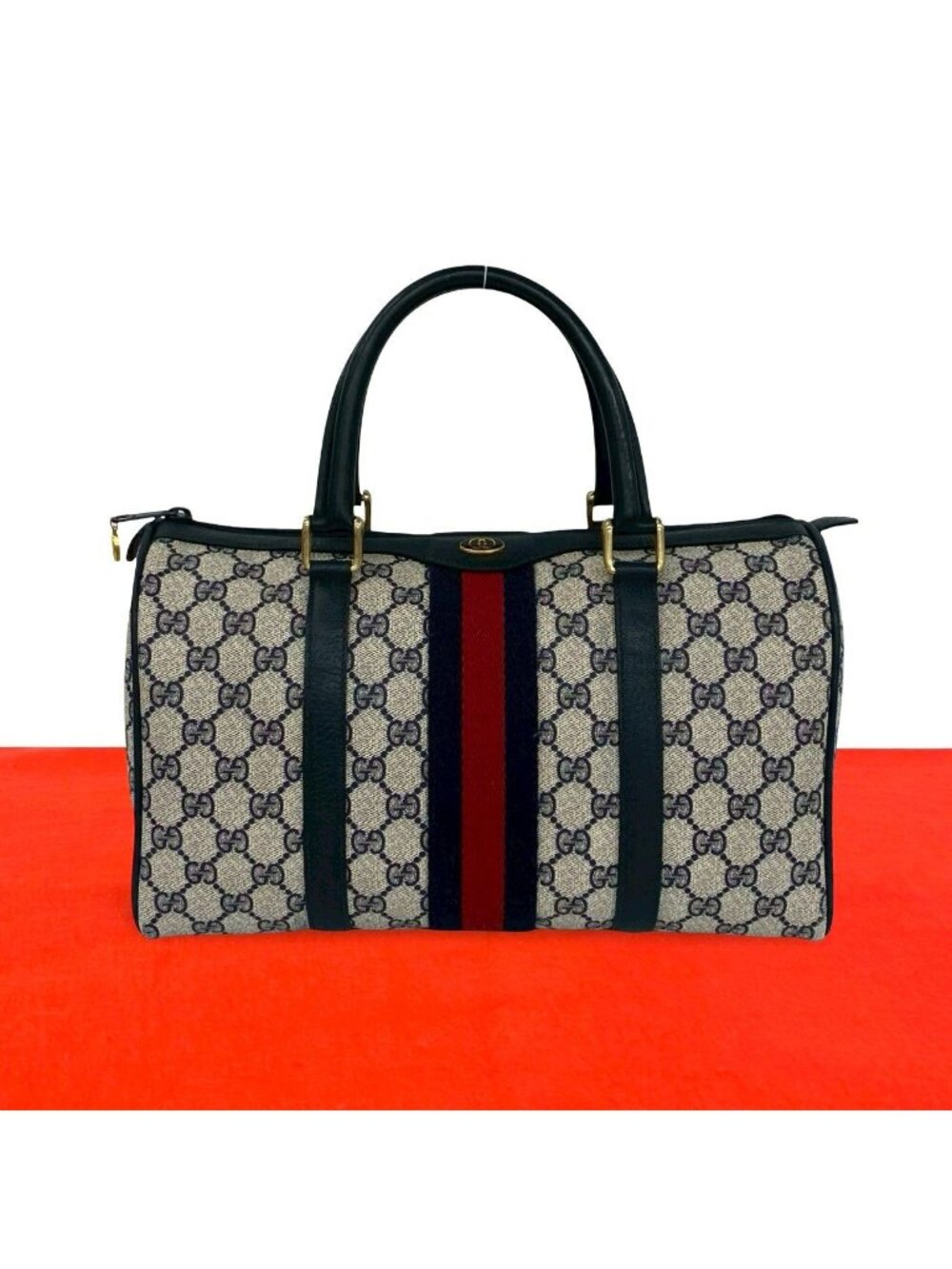 Gucci Vintage Sherry Line GG Logo Pattern Leather Mini Boston Bag Navy